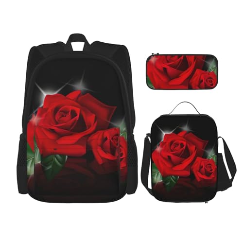 MDATT Rote Rosen Rucksack mit Lunchbox, Anime-Rucksack, Schultasche, Büchertasche, Rucksack-Set für drei, Schwarz , Einheitsgröße, Schulranzen-Set von MDATT