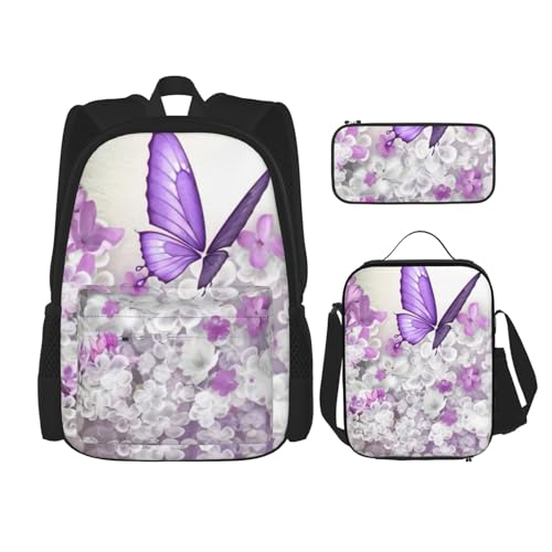 MDATT Rucksack mit Schmetterlingen und Blumen, mit Lunchbox, Anime-Rucksack, Schultasche, Büchertasche, Rucksack-Set für drei, Schwarz , Einheitsgröße, Schulranzen-Set von MDATT