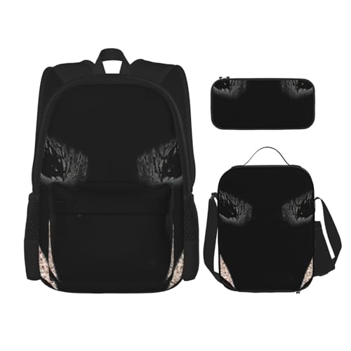 MDATT Rucksack mit Wimpernmuster und Lunchbox, Anime-Rucksack, Schultasche, Büchertasche, Rucksack-Set für drei, Schwarz , Einheitsgröße, Schulranzen-Set von MDATT