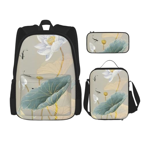 MDATT Sommerteich-Rucksack mit Lunchbox, Anime-Rucksack, Schultasche, Büchertasche, Rucksack-Set für drei, Schwarz , Einheitsgröße, Schulranzen-Set von MDATT