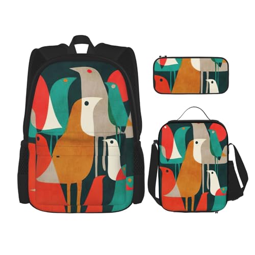 MDATT Vogelflocken-Rucksack mit Lunchbox, Anime-Rucksack, Schultasche, Büchertasche, Rucksack-Set für drei, Schwarz , Einheitsgröße, Schulranzen-Set von MDATT