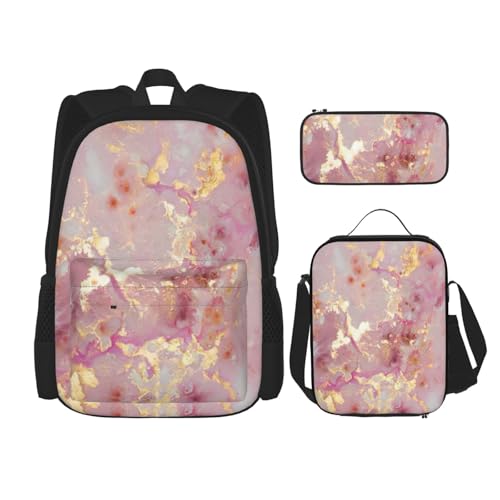 Rosa Marmor-Textur-Rucksack mit Lunchbox, Anime-Rucksack, Schultasche, Büchertasche, Rucksack-Set für drei Personen, Schwarz , Einheitsgröße, Schulranzen-Set von MDATT