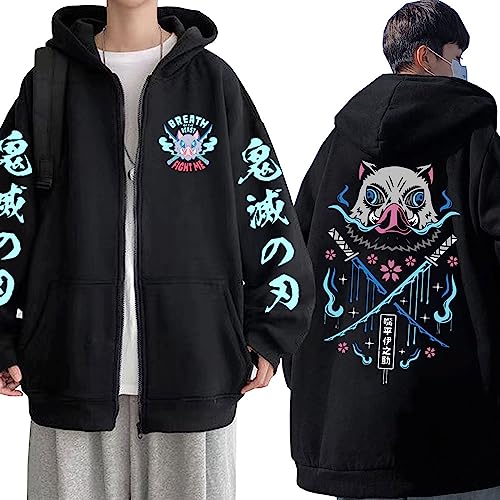 MDEM Hot Anime Demon Slayer Zipper Hoodie Kimetsu Keine Yaiba Lustige Kampf Inosuke Zip Up Hooded Sweatshirt Mantel Männer Frauen Baumwolle Jacken-style3||4XL von MDEM