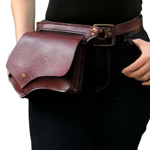 MDFCZXP Mittelalterliche Leder PU Taille Gürteltasche, Mittelalterliche Retro Gürteltasche Kunstleder Verstellbare Gürteltasche Umhängetasche Neuheit Sicherheit Handy Geldbörse,Rot,23cm von MDFCZXP