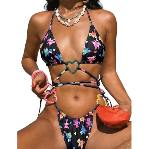 MEAKTSMI 2 Stücke Frauen Badeanzüge Tanga Badeanzug Cartoon Druck Zwei Stück Sets Badeanzug Multi Farbe Bandeau Schwimmen Top von MEAKTSMI