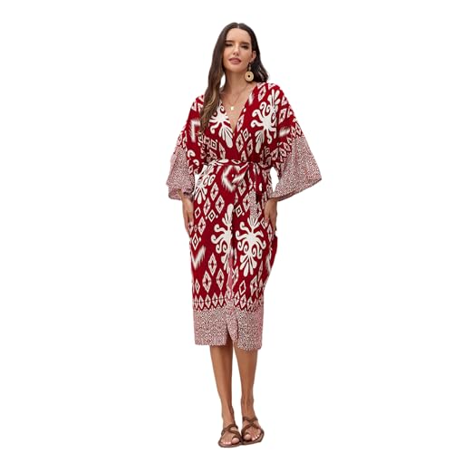 MEAKTSMI Damen Kimono Cardigan Mit Offener Vorderseite Geometrischer Druck Lockeres Oberteil Mit Gürtel Langärmeliges Strandkleid Badeanzug Vertuschung von MEAKTSMI