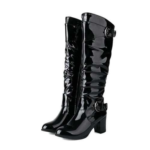 2024 Neu Kniehohe Stiefel Mit Blockabsatz Damen PU-Lackleder Langschaft Boots Elastizität High Stiefel Mit Doppelte Schnalle, Warm Plüsch Gefüttert Schneestiefel Mit Reißverschluss(Black,37 EU) von MEECHI