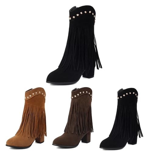 2024 Neu Kurz Stiefel Mit Fransen+Niet Damen Retro Western Cowboy Boots Blockabsatz Stiefeletten Mit Seitlichem Reißverschluss Wildleder Booties Fashion Knöchel Schuhe Für Outdoor, Party(Black,40 EU) von MEECHI