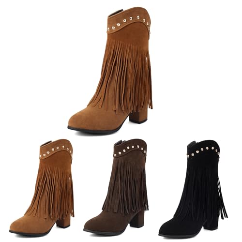 2024 Neu Kurz Stiefel Mit Fransen+Niet Damen Retro Western Cowboy Boots Blockabsatz Stiefeletten Mit Seitlichem Reißverschluss Wildleder Booties Fashion Knöchel Schuhe Für Outdoor, Party(Yellow,40 EU) von MEECHI