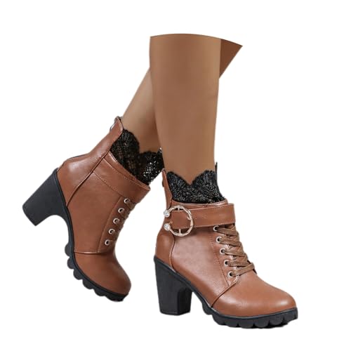 2024 Neu Lace-Patchwork Stiefeletten Damen Elegant Ankle Boots Mit Blockabsatz PU-Leder Kurz Stiefel Mit Schnalle Herbst Winter Schnürstiefel Freizeit Biker Booties Party Knöchel Schuhe(Brown,37 EU) von MEECHI