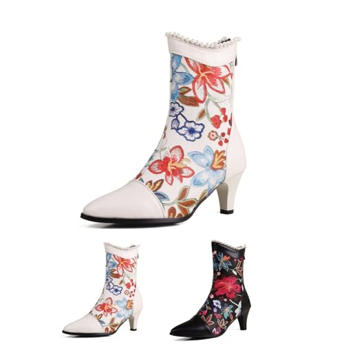 2024 Neu Stiefeletten Mit Blumen Damen Elegant Ankle Boots Mit Perle, Absatz Kurz Stiefel Mit Pointed Toe, PU-Leder Booties Mit Reißverschluss Vintage Viktorianische Knöchel Schuhe(White,36 EU) von MEECHI