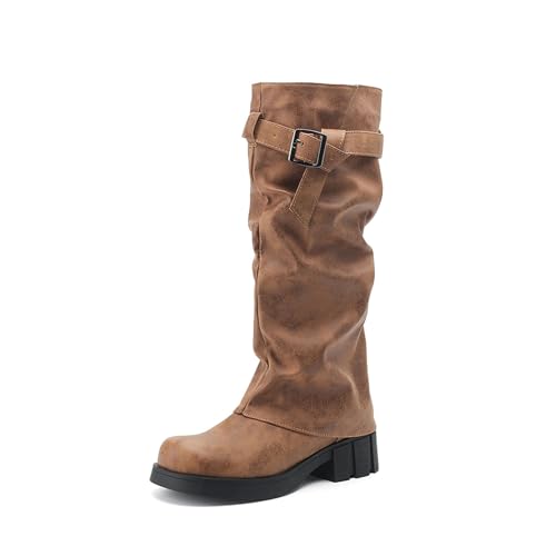 Damen Langschaft Schneestiefel 2024 Neu Retro Western Cowboy Stiefel Herbst Winter Warm Schlupfstiefel Fashion PU-Leder Ritterboots Mit Schnalle Rutschfest Plateau Gummistiefel Für Outdoor(Brown,42 EU von MEECHI