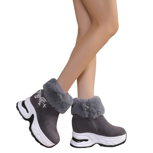 Damen Sport Stiefeletten Mit Plüschrevers 2024 Neu Ankle Boots Mit Schmetterlingsstickerei Retro Wildleder Booties Plateau Kurz Stiefel Winter Warm Schneestiefel Freizeit Knöchel Schuhe(Gray,38 EU) von MEECHI