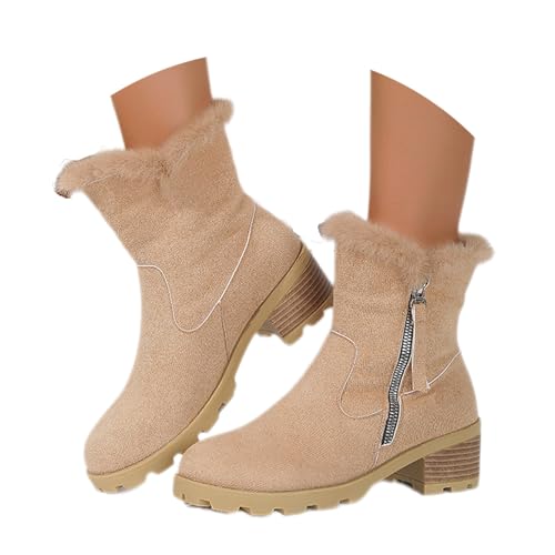 Damen Winter Schneeschuhe Mit Plüschfutter 2024 Neu Stiefeletten Mit Plüschkragen Plateau Ankle Boots Mit Reißverschluss Vintage Wildleder Kurz Stiefel Freizeit Knöchel Schuhe Für Outdoor(Beige,43 EU) von MEECHI