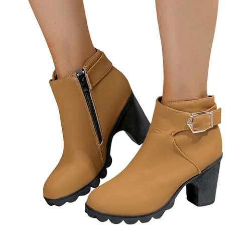 Fashion Stiefeletten Mit Schnalle Damen Elegant Ankle Boots Mit Blockabsatz Plateau Kurz Stiefel Mit Seitlichem Reißverschluss Vintage PU-Leder Biker Booties Große Größe Knöchel Schuhe(Brown,41 EU) von MEECHI