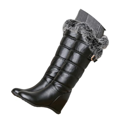 Hohe Stiefel Für Herbst Winter Damen Langschaft Boots Mit Schnalle Warm Plüsch Gefüttert Schneestiefel PU-Leder Kniehohe Stiefel Mit Plüschrevers Slip-on Baumwollschuhe Für Outdoor(Black,41 EU) von MEECHI