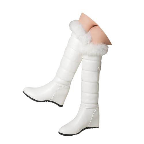 Hohe Stiefel Für Herbst Winter Damen Langschaft Boots Mit Schnalle Warm Plüsch Gefüttert Schneestiefel PU-Leder Kniehohe Stiefel Mit Plüschrevers Slip-on Baumwollschuhe Für Outdoor(White,36 EU) von MEECHI