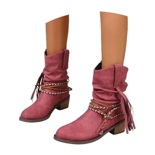 MEECHI 2024 Neu Kurz Stiefel Mit Fransen Damen Retro Western Cowboy Boots Herbst Winter PU-Leder Stiefeletten Klassiker Schlupfstiefel Mit Blockabsatz, Freizeit Knöchel Schuhe Für Outdoor(Red,36 EU) von MEECHI