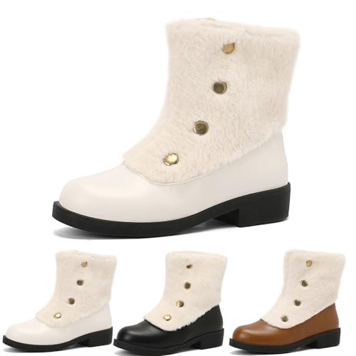 MEECHI 2024 Neu Stiefeletten Mit Plüschrevers Damen Fashion Ankle Boots Mit Niet Winter PU-Leder Kurz Stiefel Seitlichem Reißverschluss Booties Elegant Knöchel Schuhe(White,36 EU) von MEECHI