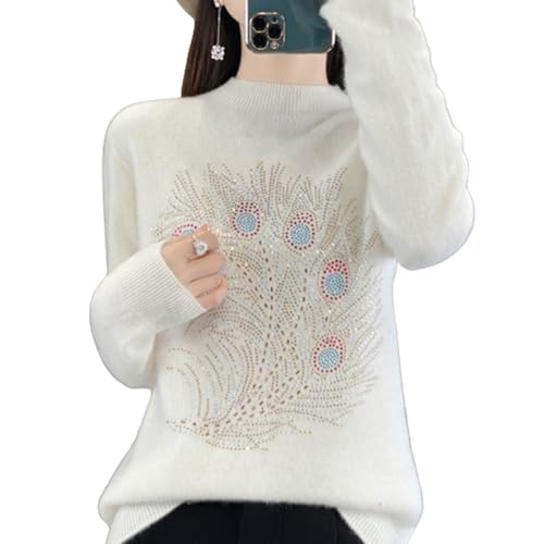 MEECHI 2024 Neu Wolle Pullover Mit Feder-Strasssteine Damen Herbst Winter Warm Kaschmir Sweater Langarm Rundhals Strickpullover Freizeit Kurz Strickpulli Für Outdoor(White,L) von MEECHI