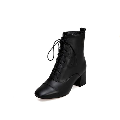 MEECHI Biker Schnürstiefel Damen Blockabsatz Stiefeletten PU-Leder Chelsea Ankle Boots Britischerstil Booties Winter Warm Plüsch Gefüttert Knöchel Schuhe(Black,36 EU) von MEECHI