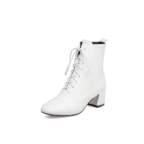 MEECHI Biker Schnürstiefel Damen Blockabsatz Stiefeletten PU-Leder Chelsea Ankle Boots Britischerstil Booties Winter Warm Plüsch Gefüttert Knöchel Schuhe(White,38 EU) von MEECHI