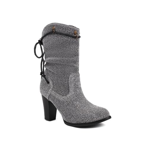 MEECHI Britischerstil Stiefeletten Mit Blockabsatz Damen Cowboy Boots Retro Western Stiefel Wildleder Knöchel Schuhe Große Größe Booties Frühling Schnürstiefel(Silver,36 EU) von MEECHI