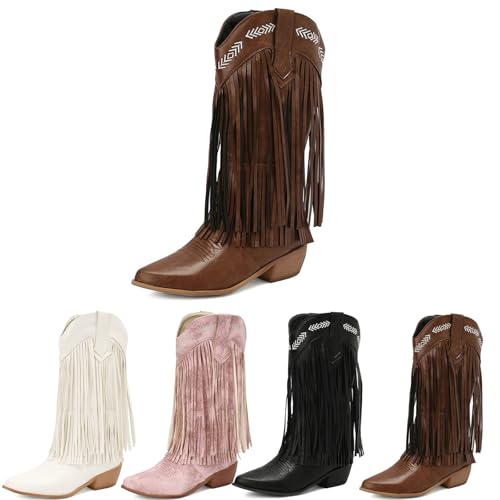 MEECHI Damen Fringe Cowboy Stiefel PU-Leder Western Boots Mit Fransen Pointed Toe Booties Mit Blockabsatz Slip-on Stiefeletten Für Party, Country, Concert(Brown,39 EU) von MEECHI