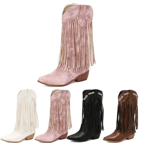 MEECHI Damen Fringe Cowboy Stiefel PU-Leder Western Boots Mit Fransen Pointed Toe Booties Mit Blockabsatz Slip-on Stiefeletten Für Party, Country, Concert(Pink,40 EU) von MEECHI