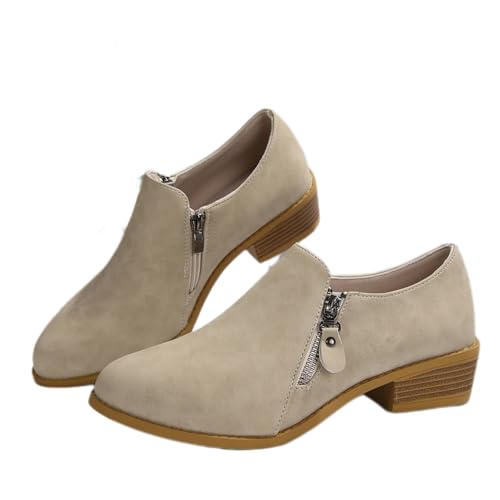 MEECHI Damen Große Größe Stiefeletten Elegant Ankle Boots Mit Blockabsatz 2024 Neu Kurz Stiefel Mit Doppelter Reißverschluss Retro Wildleder Booties Herbst Winter Freizeit Knöchel Schuhe(Beige,38 EU) von MEECHI