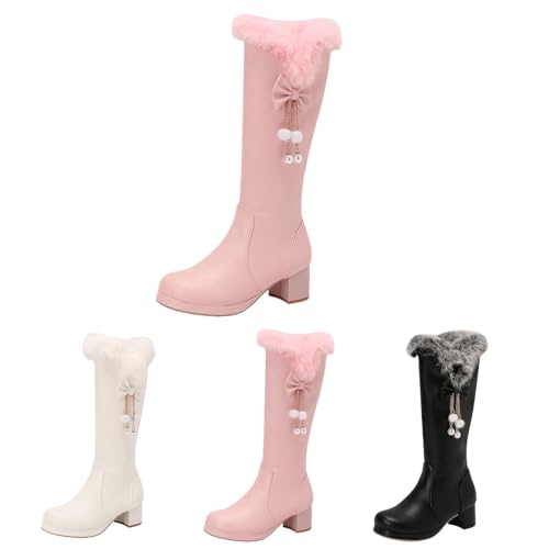 MEECHI Damen Hohe Stiefel Für Herbst Winter Süße Langschaft Boots Mit Schleifen Plüsch Schneestiefel Mit Seitlichem Reißverschluss Blockabsatz Schuhe Für Party(Pink,37 EU) von MEECHI