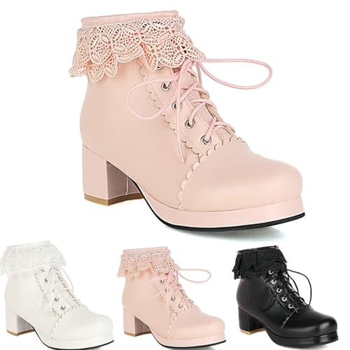 MEECHI Damen Plateau Schnürstiefel Student Süß Ankle Boots Lacespleißen Knöchel Schuhe Mit Blockabsatz Japanische Lolita Booties PU-Leder Biker Stiefeletten(Pink,37 EU) von MEECHI