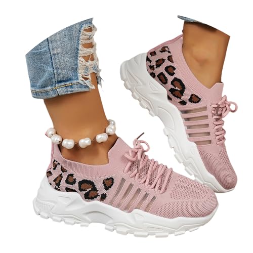 MEECHI Damen Plateau Walkingschuhe Frühling Sommer Schnür Sportschuhe Strick Mesh Atmungsaktiv Sneaker Leopardenmuster Joggingschuhe Freizeit Große Größe Laufschuhe(Pink,39 EU) von MEECHI