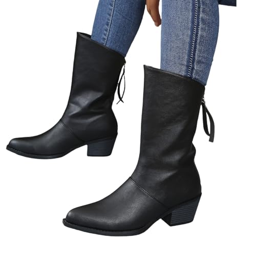 MEECHI Damen Retro Kurz Stiefel 2024 Neu Stiefeletten Mit Blockabsatz Fashion Pointed Toe Ankle Boots Herbst Winter PU-Leder Biker Booties Große Größe Knöchel Schuhe Für Mutter(Black,37 EU) von MEECHI