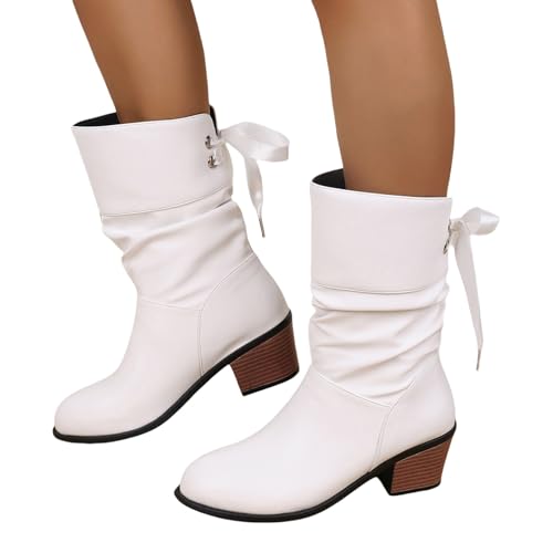 MEECHI Damen Schnürstiefel PU-Leder Halbstiefel Elegant Ankle Boots Mit Blockabsatz 2024 Neu Winter Schneestiefel rutschfest Gummistiefel Für Outdoor(White,40 EU) von MEECHI