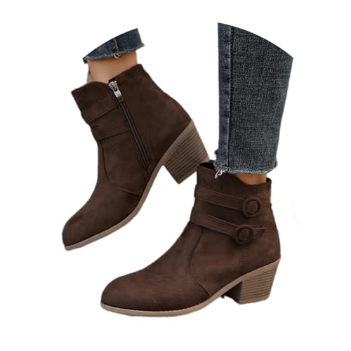 MEECHI Damen Stiefeletten Für Herbst Winter Elegant Ankle Boots Mit Blockabsatz Klassiker Kurz Stiefel Mit Doppelschnallen Vintage Wildleder Booties Mit Seitlichem Reißverschluss(Brown,41 EU) von MEECHI