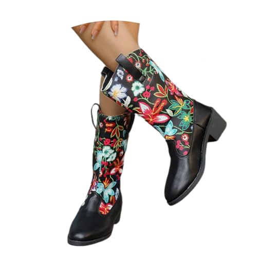 MEECHI Damen Stiefeletten Mit Blumenstickerei Retro Western Cowboy Kurz Stiefel PU-Leder Ankle Boots Mit Blockabsatz Herbst Winter Slip-on Booties Freizeit Knöchel Schuhe(Black,36 EU) von MEECHI