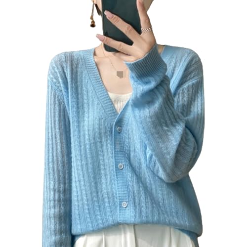 MEECHI Damen Strickmantel Langarm Wolle Pullover Casual Kurz Strickjacken Elegant Cardigan Winter Warm Kaschmir Sweater(Blue,XL) von MEECHI