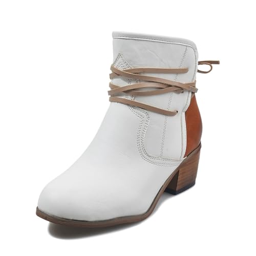 MEECHI Damen Vintage Schnürstiefel Herbst Winter Stiefeletten Combat Ankle Boots Chelsea Kurz Stiefel Mit Blockabsatz PU-Leder Biker Booties Freizeit Knöchel Schuhe Für Outdoor(White,38 EU) von MEECHI