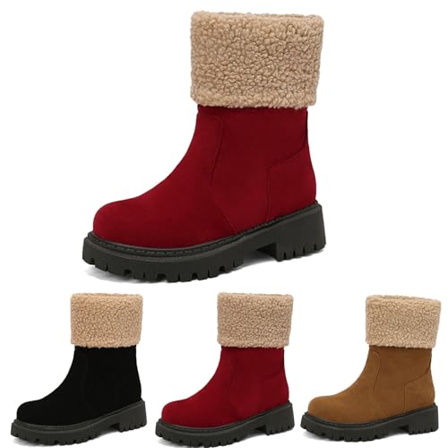 MEECHI Damen Winterstiefel Plateau Ankle Boots Bequeme Warm Gefüttert Schneestiefel Wasserdicht Wildleder Stiefeletten(Red,37 EU) von MEECHI