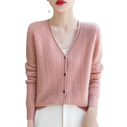 MEECHI Damen Wolle Strickjacken Langarm V-Ausschnitt Strickpullover Elegant Einfarbig Cardigan Herbst Winter Warm Kaschmir Sweater Für Outdoor(Pink,XX-Large) von MEECHI