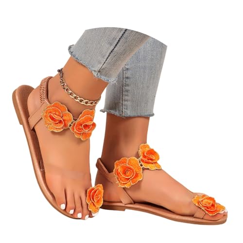 MEECHI Damen Zehentrenner Sandalen Student Flache Flip-Flops Mit Blumen Vintage Römische Sandals 2025 Sommer PU-Leder Clip -Toe Sandaletten Freizeit Böhmen Strandschuhe(Yellow,36 EU) von MEECHI