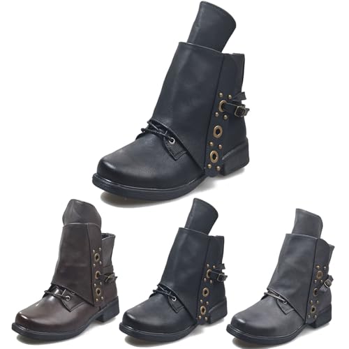 MEECHI Frühling Biker Booties Damen Vintage PU-Leder Stiefeletten Combat Ankle Boots Mit Reißverschluss Schnür Kurz Stiefel Outdoor Warm Schneestiefel rutschfest Gummistiefel(Black,42 EU) von MEECHI