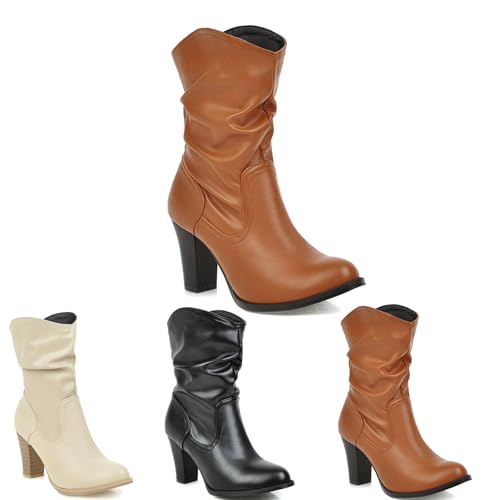 MEECHI Geraffte Stiefeletten Mit Blockabsatz Damen Slip-on Ankle Boots Herbst Winter PU-Leder Kurz Stiefel Große Größe Booties Vintage Britischerstil Knöchel Schuhe(Brown,38 EU) von MEECHI