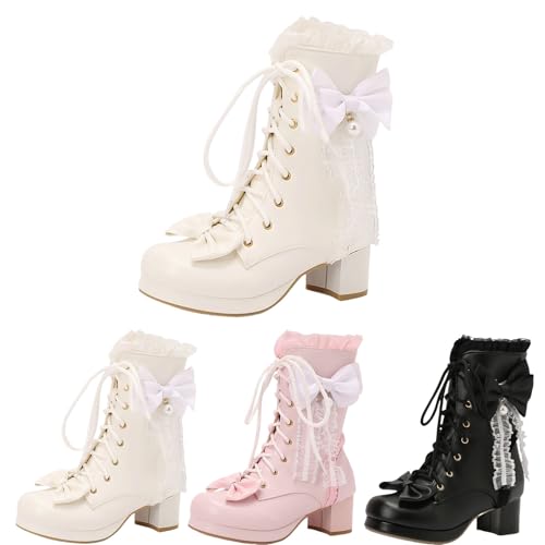 MEECHI Große Größe Stiefeletten Damen Süße Ankle Boots Mit Schleife + Rüsche Plateau Booties Mit Blockabsatz Herbst Winter Schnür Kurz Stiefel PU-Leder Knöchel Schuhe Für Party(White,40 EU) von MEECHI