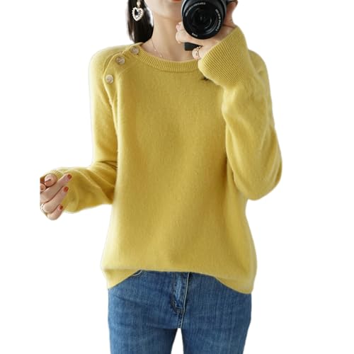 MEECHI Herbst Winter Pullover Damen Langarm Rundhals Warm Wolle Sweater Einfarbig Elegant Kaschmir Strickpullover Freizeit Kurz Strickpulli Für Outdoor(Yellow,XX-Large) von MEECHI