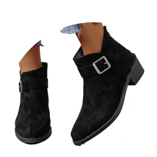 MEECHI Klassiker Stiefeletten Mit Schnalle Damen Elegant Chelsea Ankle Boots Vintage Wildleder Kurz Stiefel Mit Reißverschluss Herbst Winter Freizeit Knöchel Schuhe Für Outdoor(Black,40 EU) von MEECHI