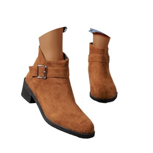 MEECHI Klassiker Stiefeletten Mit Schnalle Damen Elegant Chelsea Ankle Boots Vintage Wildleder Kurz Stiefel Mit Reißverschluss Herbst Winter Freizeit Knöchel Schuhe Für Outdoor(Brown,36 EU) von MEECHI