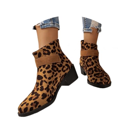 MEECHI Klassiker Stiefeletten Mit Schnalle Damen Elegant Chelsea Ankle Boots Vintage Wildleder Kurz Stiefel Mit Reißverschluss Herbst Winter Freizeit Knöchel Schuhe Für Outdoor(Leopard,39 EU) von MEECHI