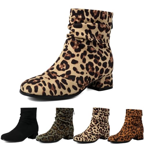 MEECHI Leopard Stiefeletten Damen Vintage Wildleder Ankle Boots Elegant Chelsea Kurz Stiefel Blockabsatz Booties Square Toe Knöchel Schuhe Für Outdoor, Party(Beige,37 EU) von MEECHI